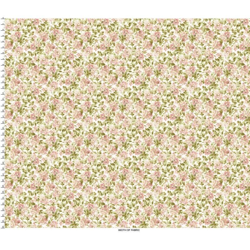 Grand Entrance - Pink Phlox Blossoms on Ecru Fabric, Maywood Studio MAS10432-E, Pink Green Cream Gold Metallic Floral Fabric, By the Yard