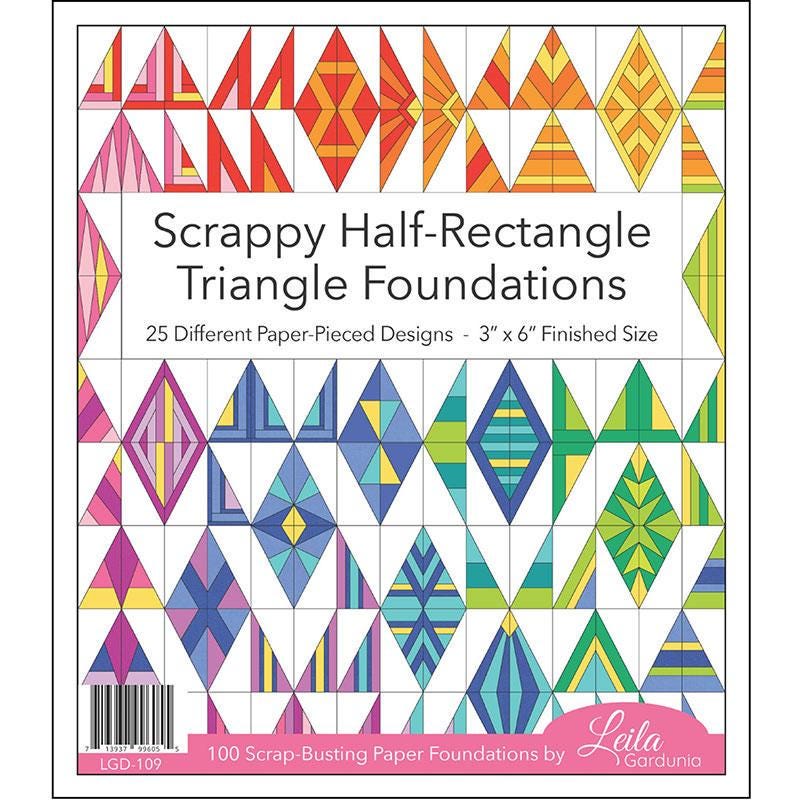Scrappy Half Rectangle Triangle 3" x 6" Foundation Papers, Leila Gardunia Design LGD109, Scrap Friendly Foundation Piecing Papers