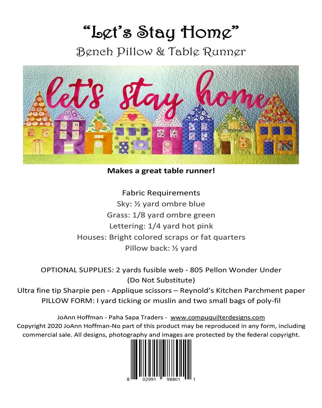 Let's Stay Home Bench Pillow and Table Runner Quilt Pattern, Paha Sapa Traders PST139, Applique Houses Pillow Cover Pattern, JoAnn Hoffman
