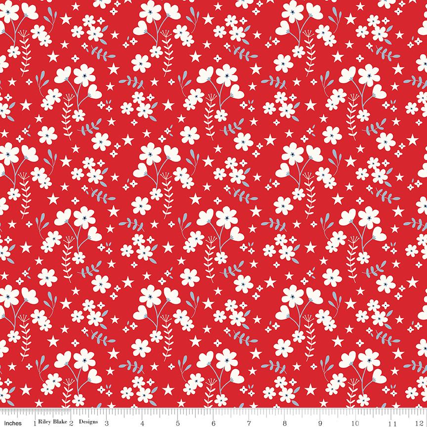 Freedom Garden 5" Stacker, Riley Blake 5-15620-42, 5" Precut Red White Blue Patriotic Floral Quilt Fabric Squares, My Mind's Eye