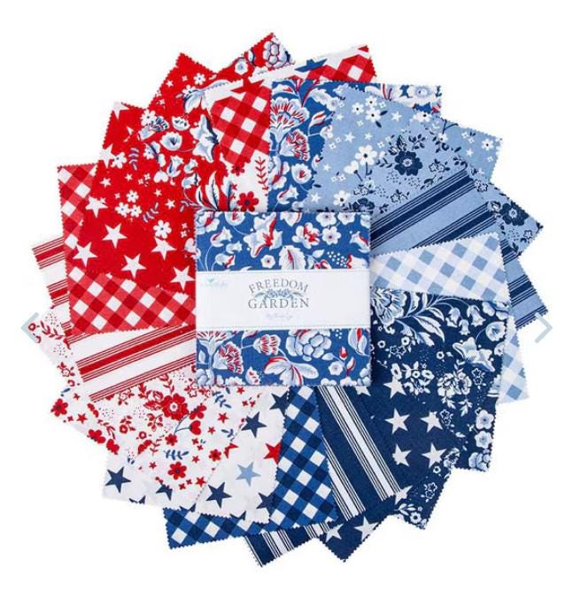 Freedom Garden 5" Stacker, Riley Blake 5-15620-42, 5" Precut Red White Blue Patriotic Floral Quilt Fabric Squares, My Mind's Eye