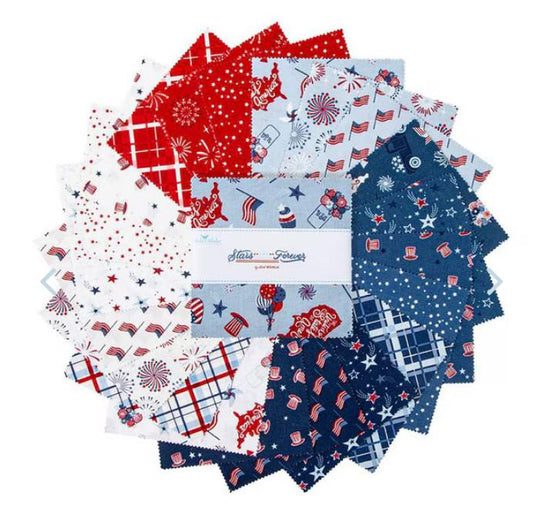 Stars and Stripes Forever 5" Stacker, Riley Blake 5-15710-42, 5" Precut Red White Blue Patriotic Quilt Fabric Squares, Lori Whitlock