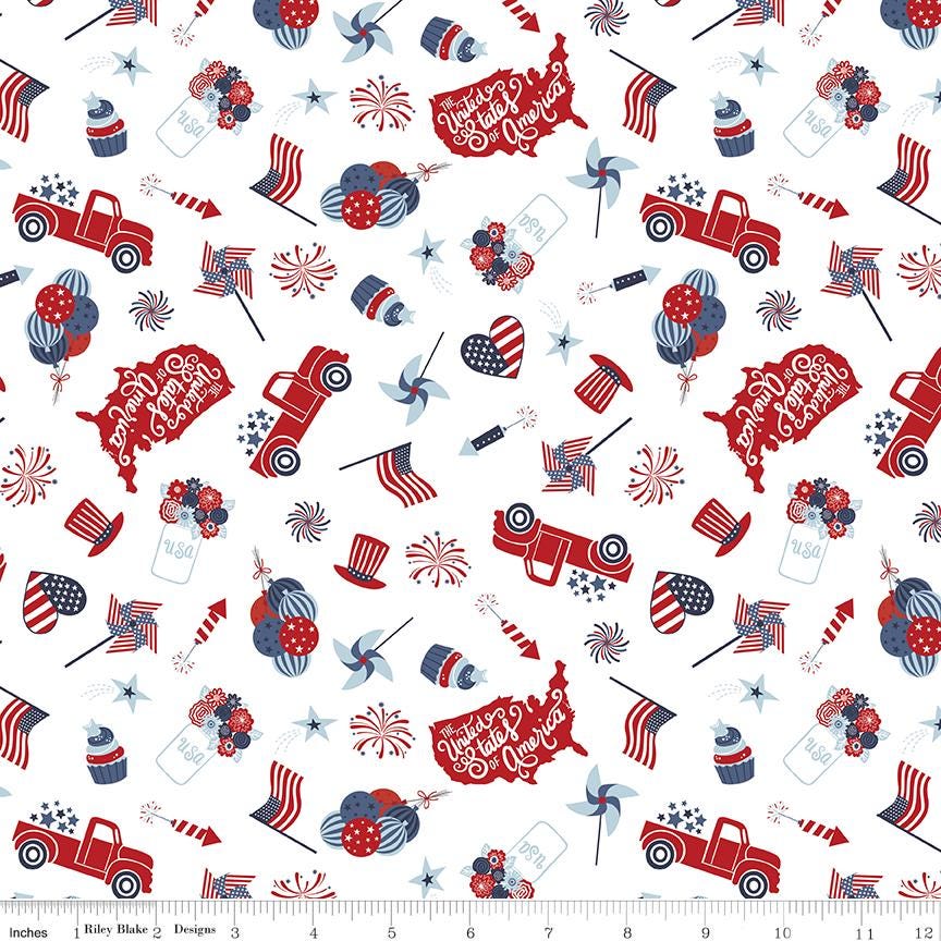 Stars and Stripes Forever 5" Stacker, Riley Blake 5-15710-42, 5" Precut Red White Blue Patriotic Quilt Fabric Squares, Lori Whitlock