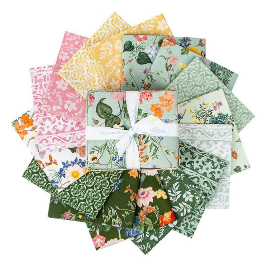 Nature's Portrait 15 Fat Quarter Bundle, Riley Blake FQ-15670-15, Precut 18 x 22 Floral Fabric in Green Pink and Tan, Royal Horticultural