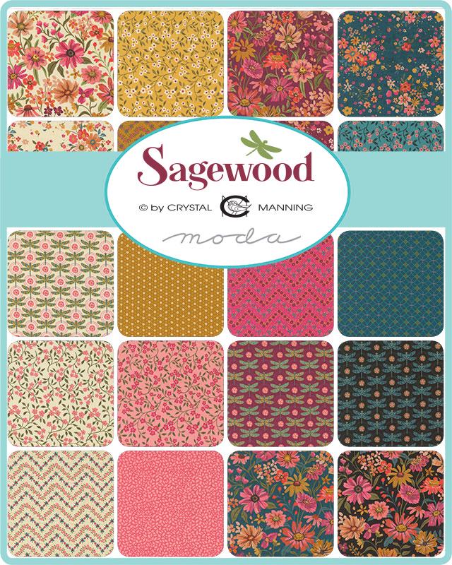 Sagewood 5" Charm Pack, Moda 11950PP, Blue Coral Tan Teal Floral Charm Pack Fabric, 5" Precut Fabric Squares, Crystal Manning