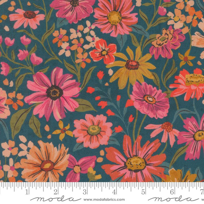 Sagewood 5" Charm Pack, Moda 11950PP, Blue Coral Tan Teal Floral Charm Pack Fabric, 5" Precut Fabric Squares, Crystal Manning