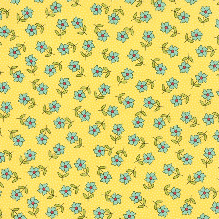 REMNANT 35" of The Sweet Life - Turquoise Blue Flowers on Yellow Fabric, Moda 43053 13 Sunshine, Yellow Blue Floral Fabric, Pat Sloan