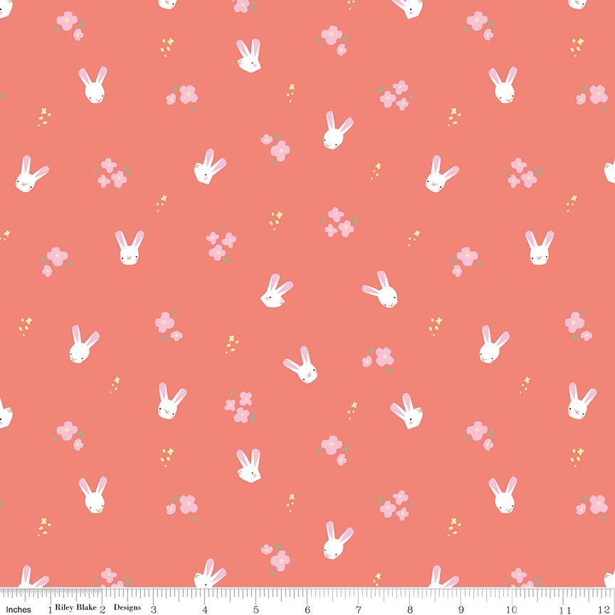 DESTASH Easter Egg Hunt - 1 Yard Cut of Bunnies on Peach Fabric, C10273- Coral, Easter Bunny Floral Fabric, Riley Blake