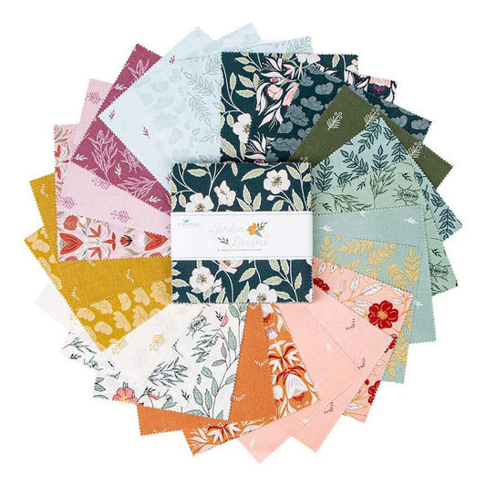 Garden Dreams 5" Stacker, Riley Blake 5-15090-42, 5" Precut Pink Green Mustard Orange Floral Fabric Squares, Amber Elliot