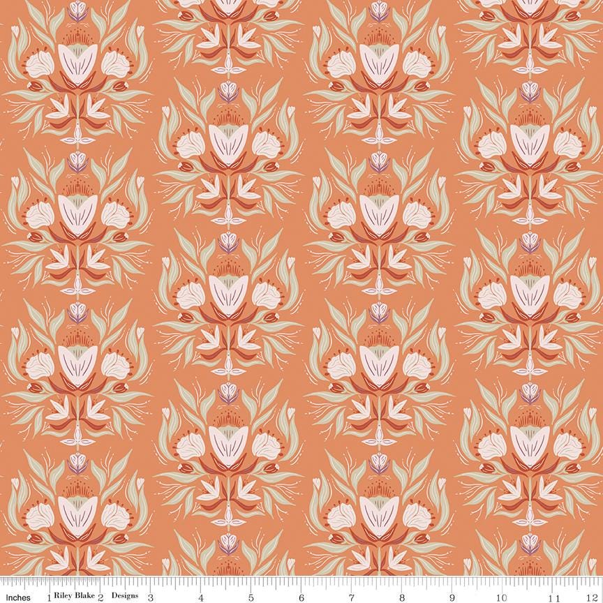 Garden Dreams 5" Stacker, Riley Blake 5-15090-42, 5" Precut Pink Green Mustard Orange Floral Fabric Squares, Amber Elliot