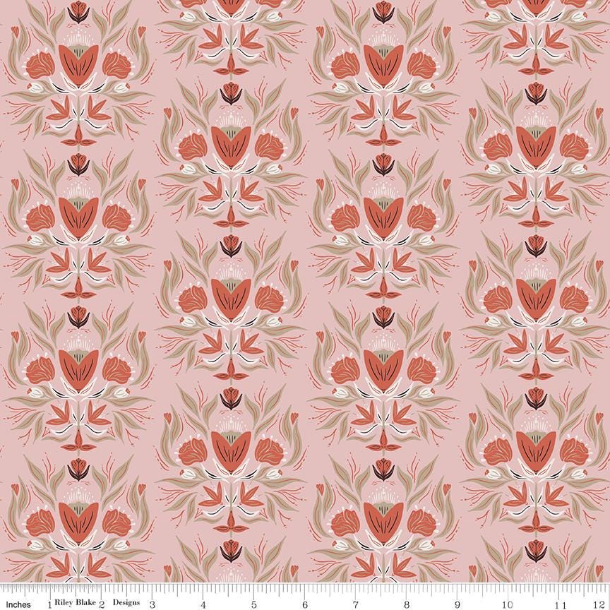 Garden Dreams 5" Stacker, Riley Blake 5-15090-42, 5" Precut Pink Green Mustard Orange Floral Fabric Squares, Amber Elliot