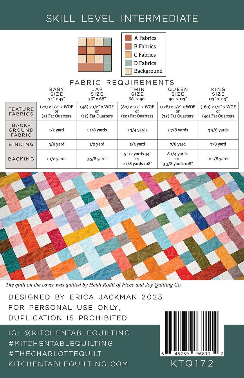 The Charlotte Quilt Pattern, Kitchen Table Quilting KTQ172, 2.5" Precut Strip Roll Fat Quarter FQ Friendly Quilt Pattern, Erica Jackman