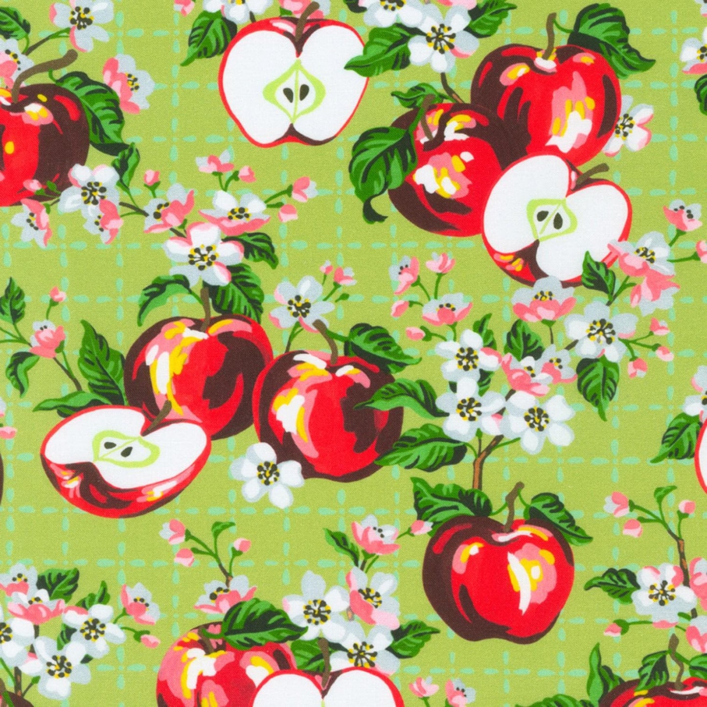 Apple Blossom Squares, Robert Kaufman CHS-1160-42, 5" Precut Green Teal Red Peach Apples Floral Fabric Squares