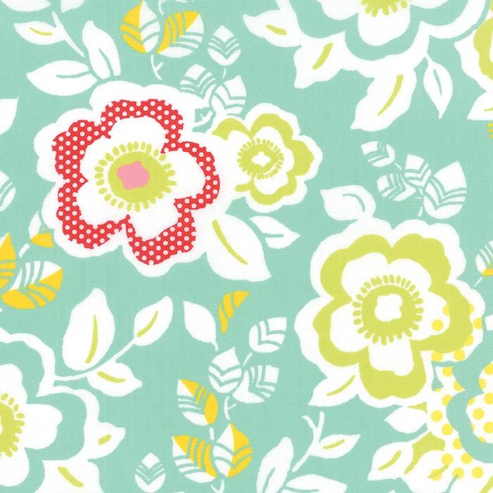 DESTASH Moxi - 1 Yard Cut of Aqua Floral Fabric, Moda 32960 13, Yellow Pink White Green Red Aqua Blue Floral Fabric, Studio M