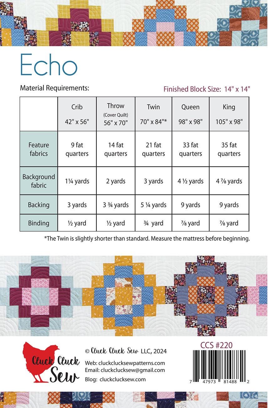 Echo Quilt Pattern, Cluck Cluck Sew CCS220, Fat Quarter FQ Friendly Modern Granny Squares Lap Throw Bed Quilt Pattern