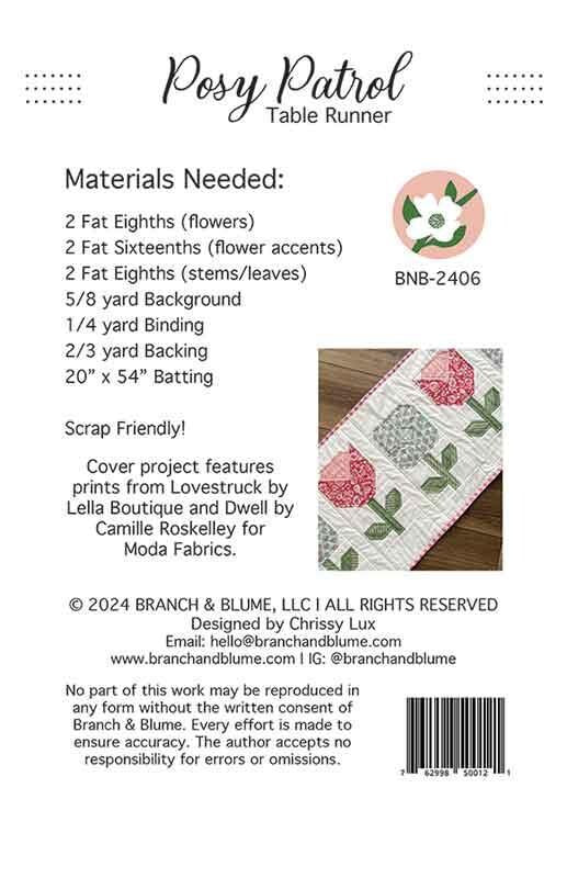 Posy Patrol Table Runner Quilt Pattern, Branch and Blume BNB2406, Spring Tulips Flowers Table Topper Runner Quilt Pattern, Chrissy Lux