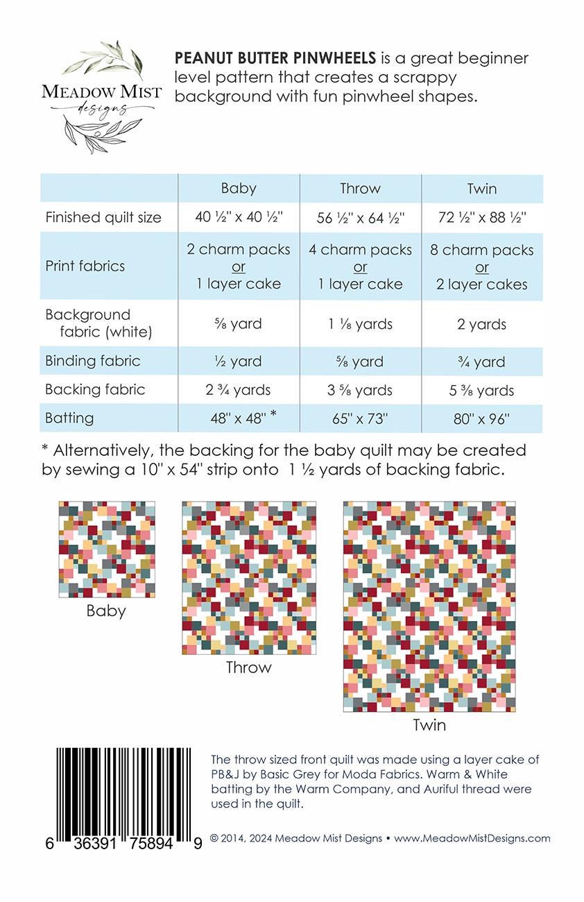 Peanut Butter Pinwheels Quilt Pattern, Meadow Mist Designs MMD1010, Charm Pack Layer Cake Scrap Friendly Baby Throw Twin Quilt Pattern