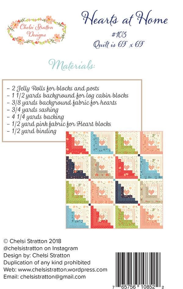 Hearts at Home Quilt Pattern, Chelsi Stratton Designs CSD103, 2.5" Precut Jelly Roll Strip Friendly Heart Log Cabin Variation Quilt Pattern