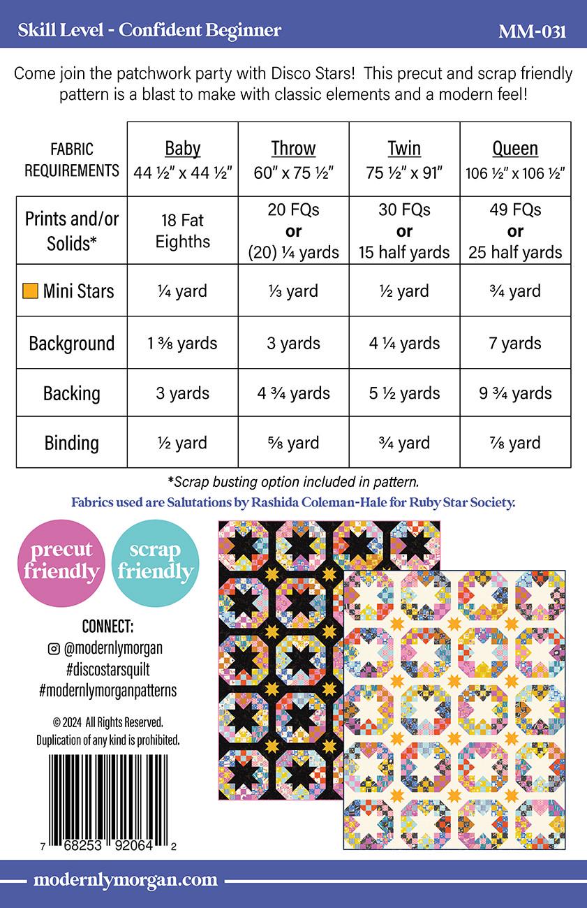 Disco Stars Quilt Pattern, Modernly Morgan MM031, Fat Quarter Eighths FQ F8 Friendly Patchwork Stars Throw or Bed Quilt Pattern, McCullough
