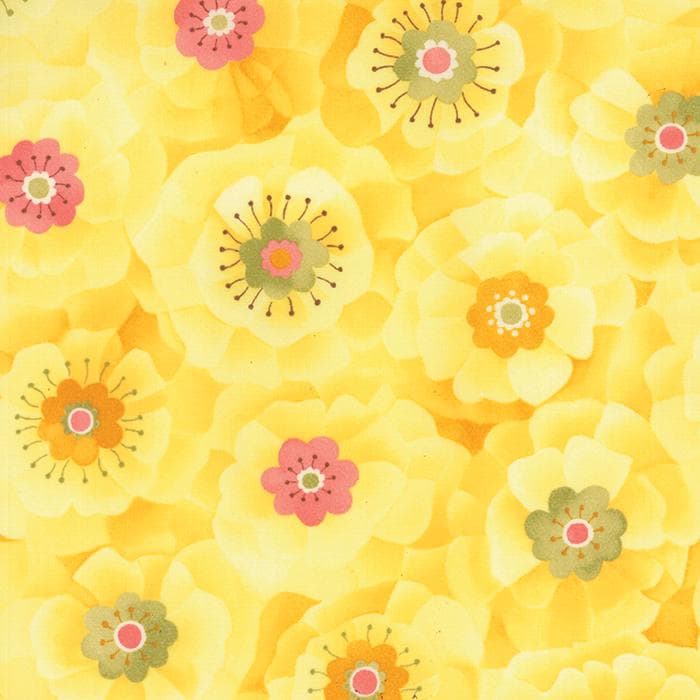 DESTASH Lulu 2014 - Yellow Floral Fabric, Moda 16113-13, Pink Green Yellow Floral Cotton Fabric, Chez Moi