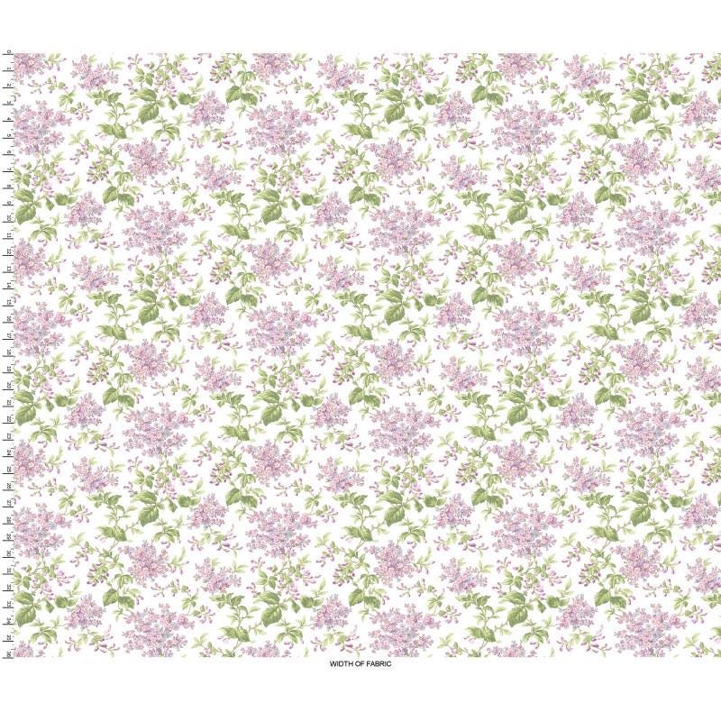 Sugar Lilac - Pink Lavender Lilacs on White Fabric, Maywood Studio MAS10620-W, Pink Green White Floral Cotton Quilting Fabric, By the Yard