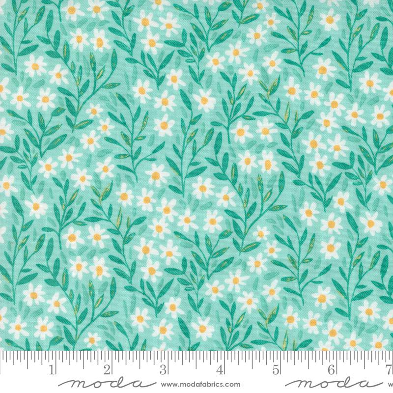 Kindred - Daisies on Aqua Floral Fabric, Moda 36073 13 Aqua, Aqua Blue Floral Cotton Blender Quilt Fabric, 1 Canoe 2