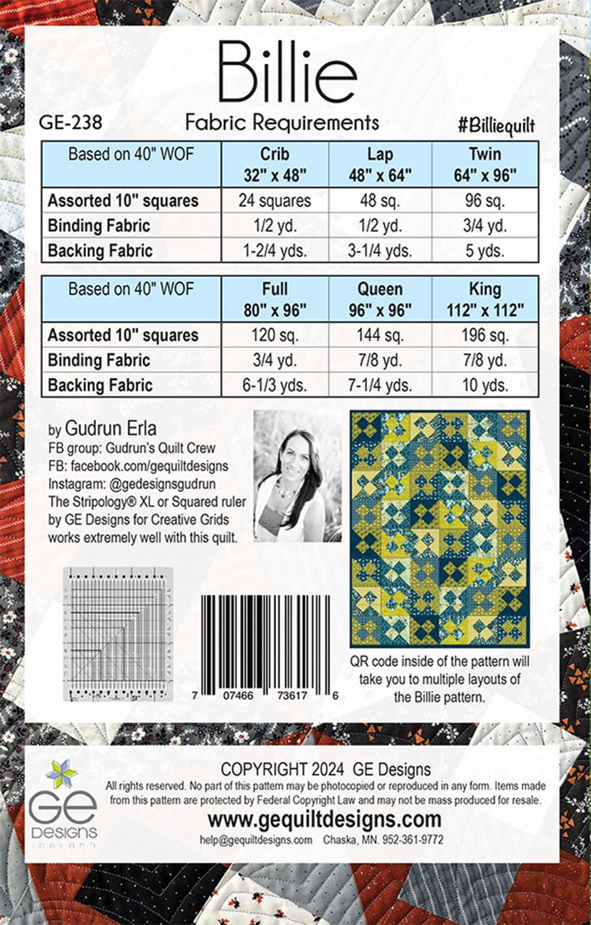 Billie Quilt Pattern, GE Designs GE238, Layer Cake Friendly Stripology Squared or SL Ruler Pattern, Modern Quilt Pattern, Gudrun Erla