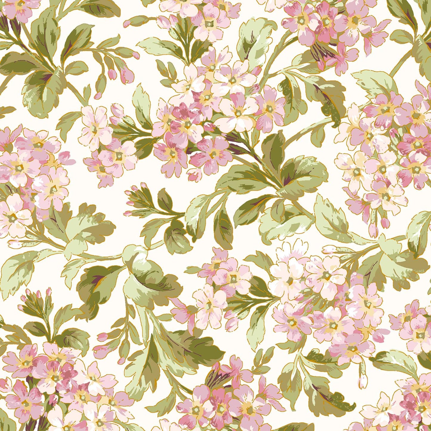 Grand Entrance - Pink Phlox Blossoms on Ecru Fabric, Maywood Studio MAS10432-E, Pink Green Cream Gold Metallic Floral Fabric, By the Yard