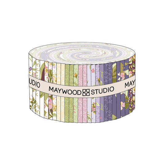 Grand Entrance 2.5" Strips, Maywood Studio ST-MASGREN, 2.5" Precut Pink Green Lavender White Floral Fabric Strips Roll, Gold Metallic Fabric