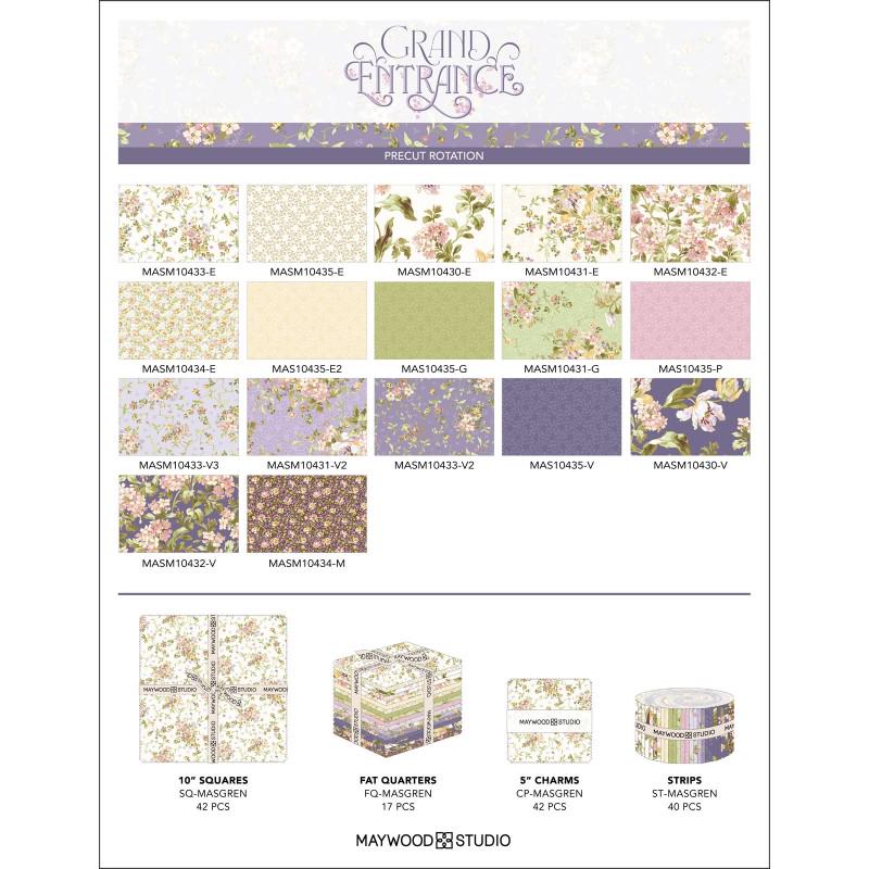 Grand Entrance 2.5" Strips, Maywood Studio ST-MASGREN, 2.5" Precut Pink Green Lavender White Floral Fabric Strips Roll, Gold Metallic Fabric