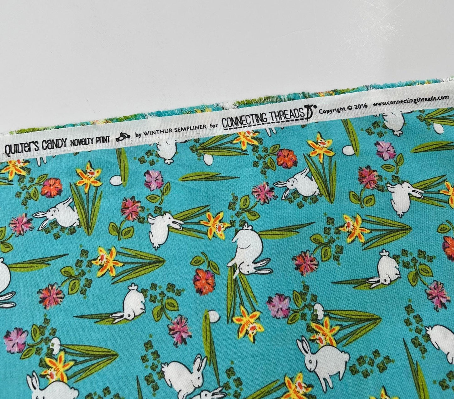 REMNANT 1 Yard 34" of Easter Bunnies on Blue Floral Fabric, Connecting Threads, Turquoise Floral Bunny Fabric