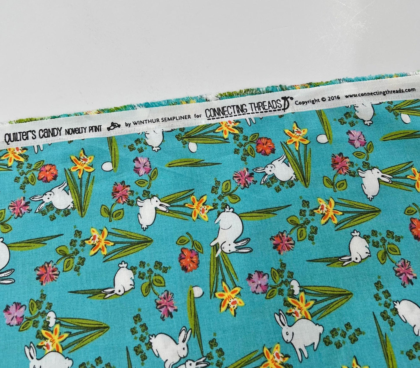 REMNANT 1 Yard 33" of Easter Bunnies on Blue Floral Fabric, Connecting Threads, Turquoise Floral Bunny Fabric