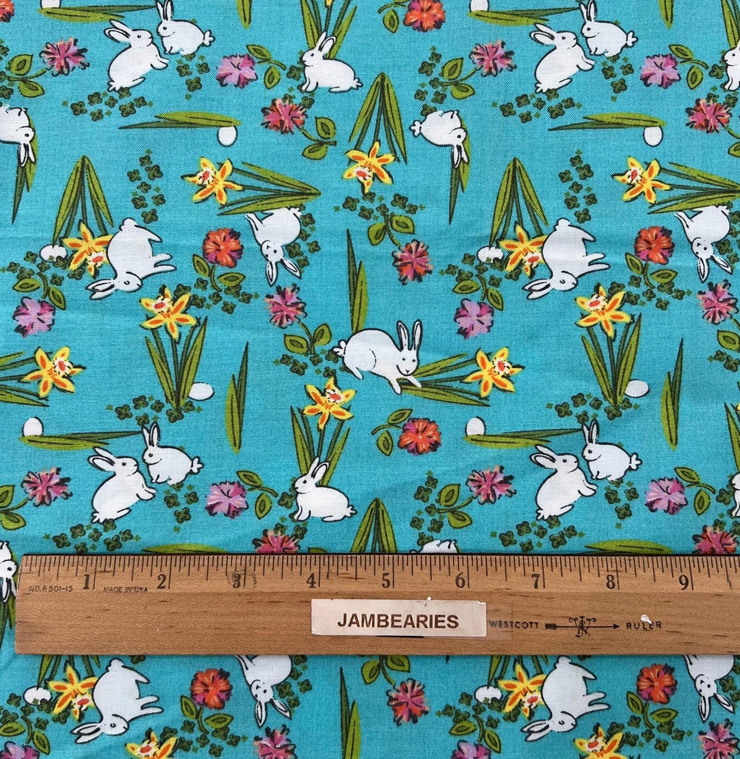 REMNANT 1 Yard 34" of Easter Bunnies on Blue Floral Fabric, Connecting Threads, Turquoise Floral Bunny Fabric