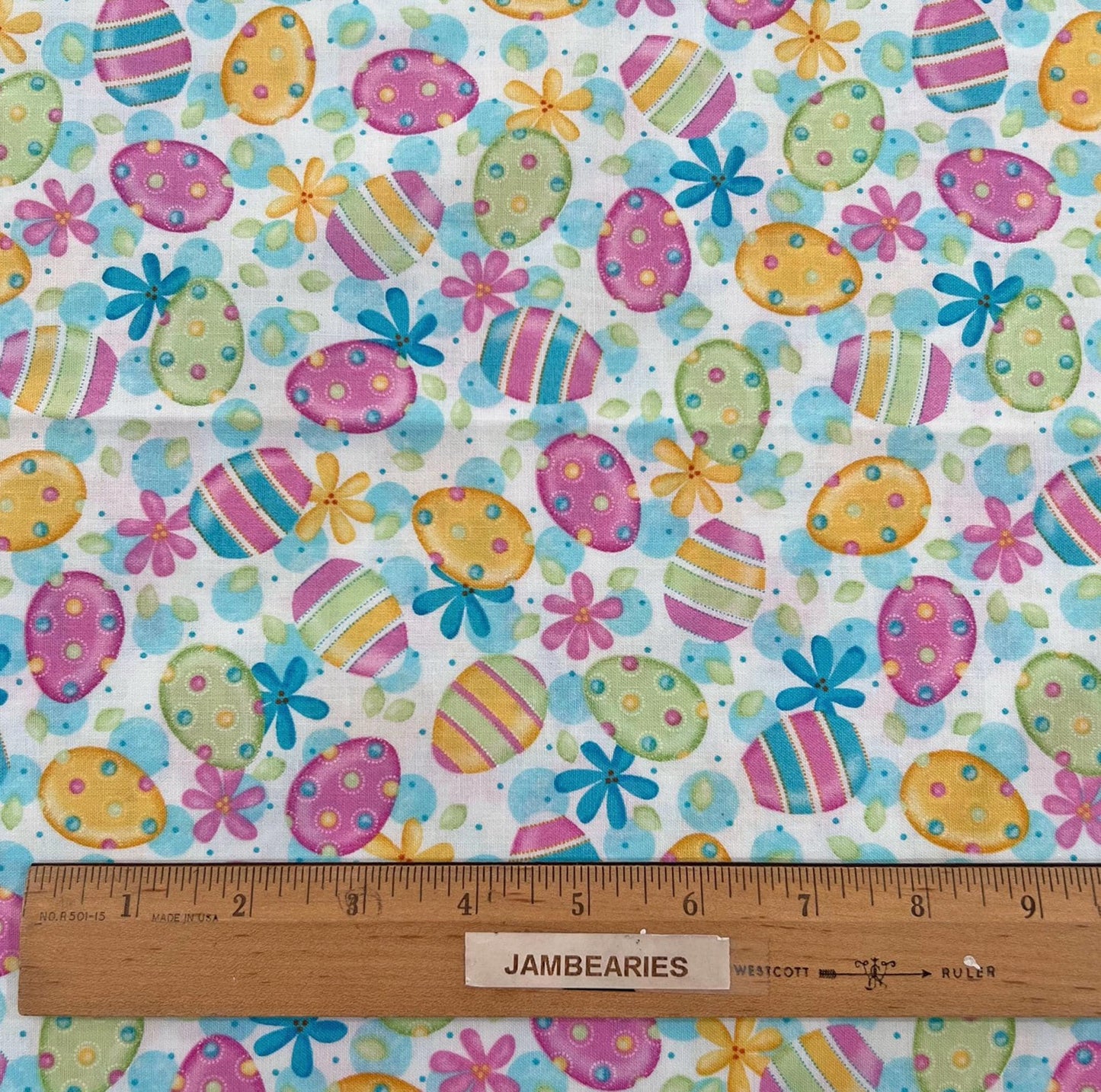REMNANT 15" of Pastel Easter Eggs on White Fabric, Quilting Treasures, Pink Yellow Green Blue Easter Egg Cotton Fabric