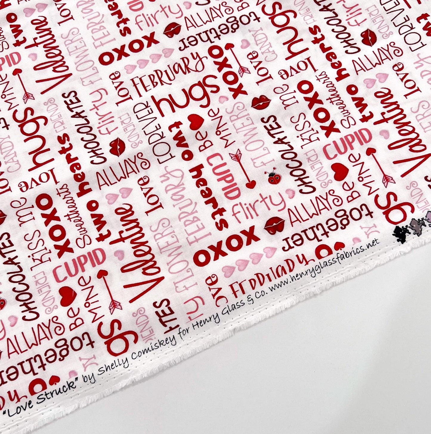 DESTASH 1 Yard Cut of Love Struck - Valentine's Day Words on White Fabric, Henry Glass, Valentine Cotton Fabric