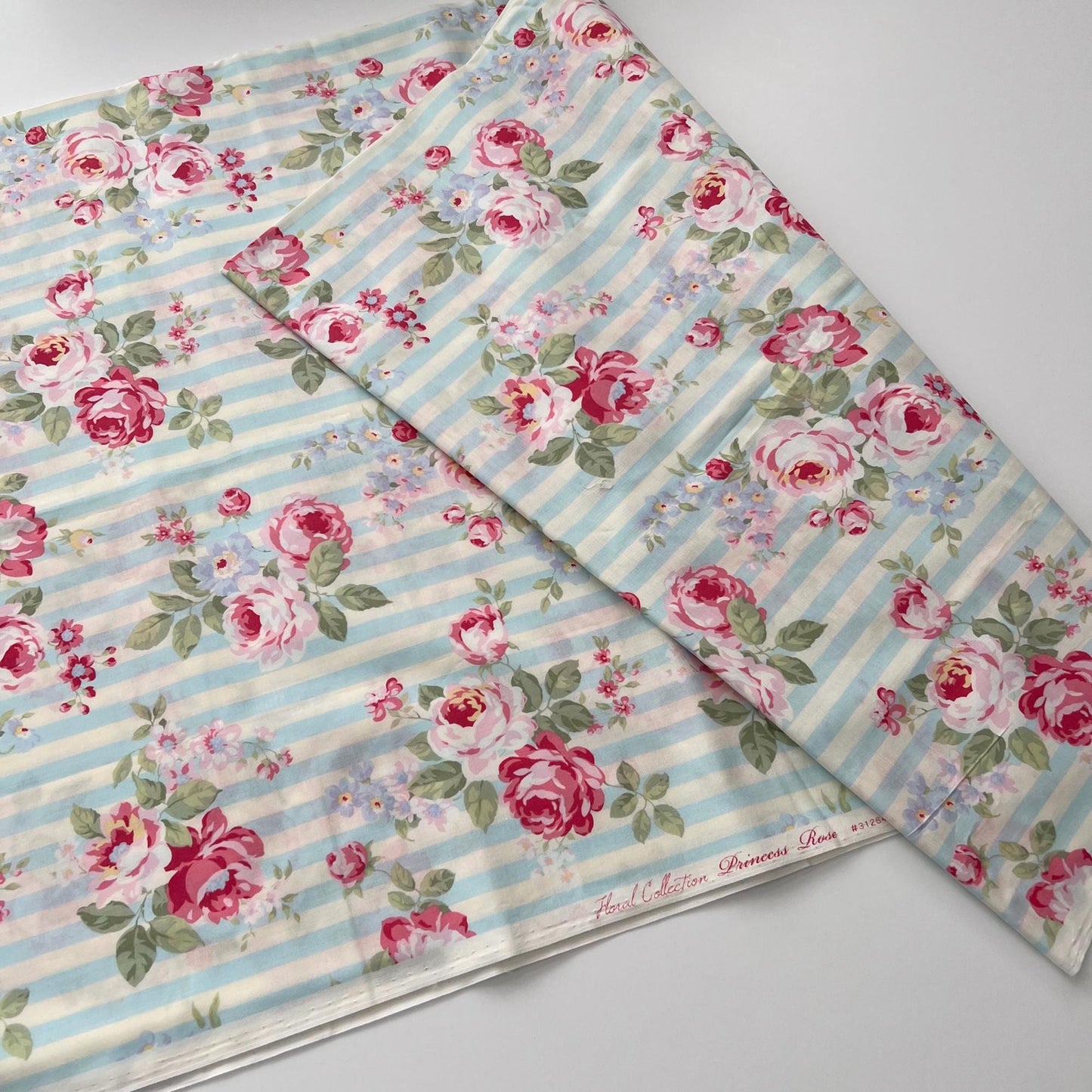 REMNANT Princess Rose - 1 Yard 25" of Pink Roses on Blue White Striped Floral Fabric, Lecien 31264, Granny Chic Cottagecore Fabric