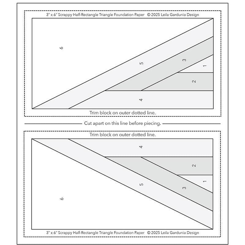 Scrappy Half Rectangle Triangle 3" x 6" Foundation Papers, Leila Gardunia Design LGD109, Scrap Friendly Foundation Piecing Papers