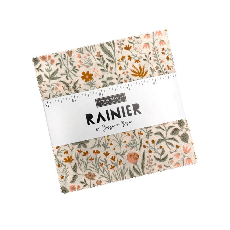 Rainier 5" Charm Pack, Moda 38140PP, 5" Precut Peach Blue Tan Cream Gray Floral Charm Pack Fabric Squares, Jessica Rose
