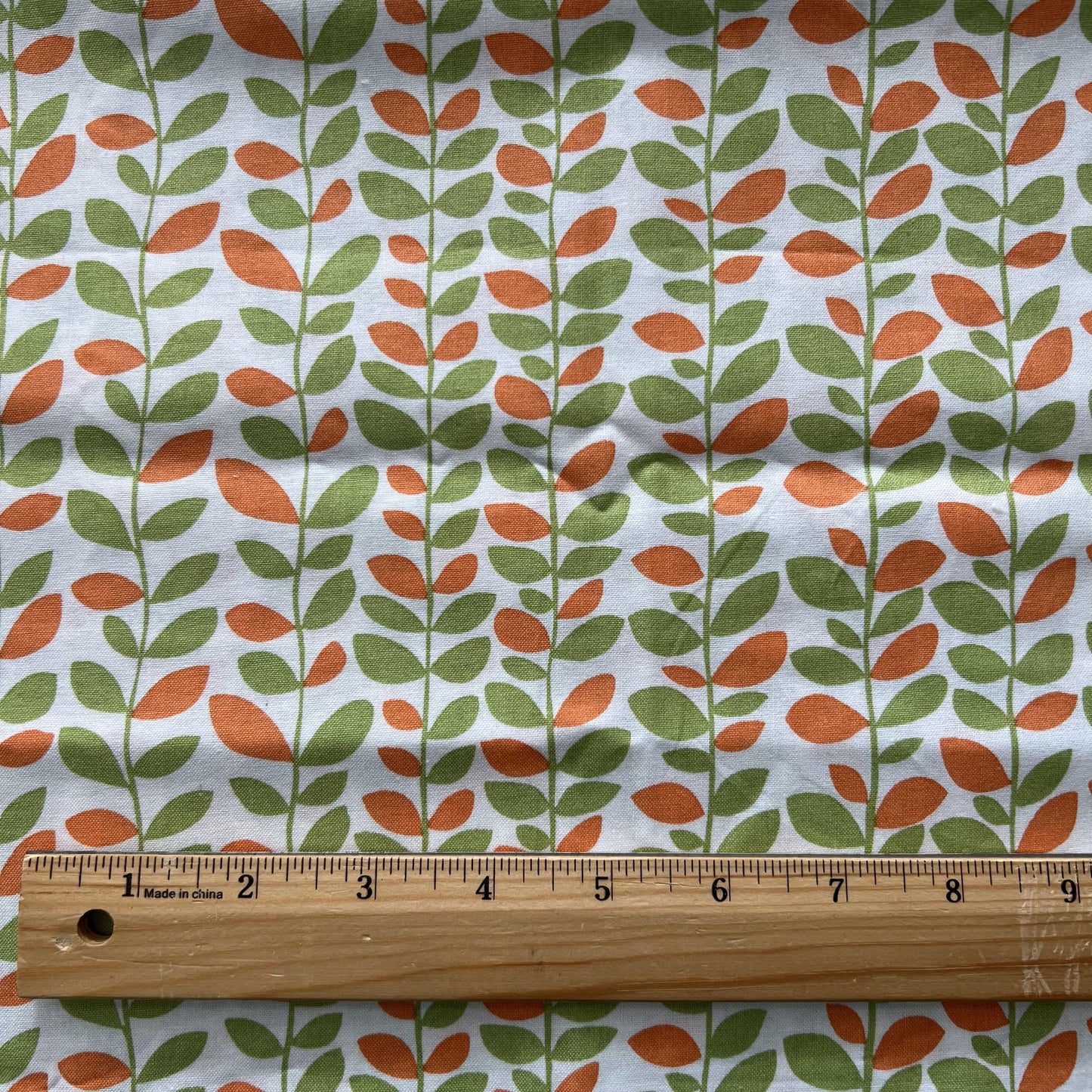 REMNANT 1 Yard 20" of Dori - Orange Green Leafy Vines on White Fabric, Benartex 1238, Mitzi Powers