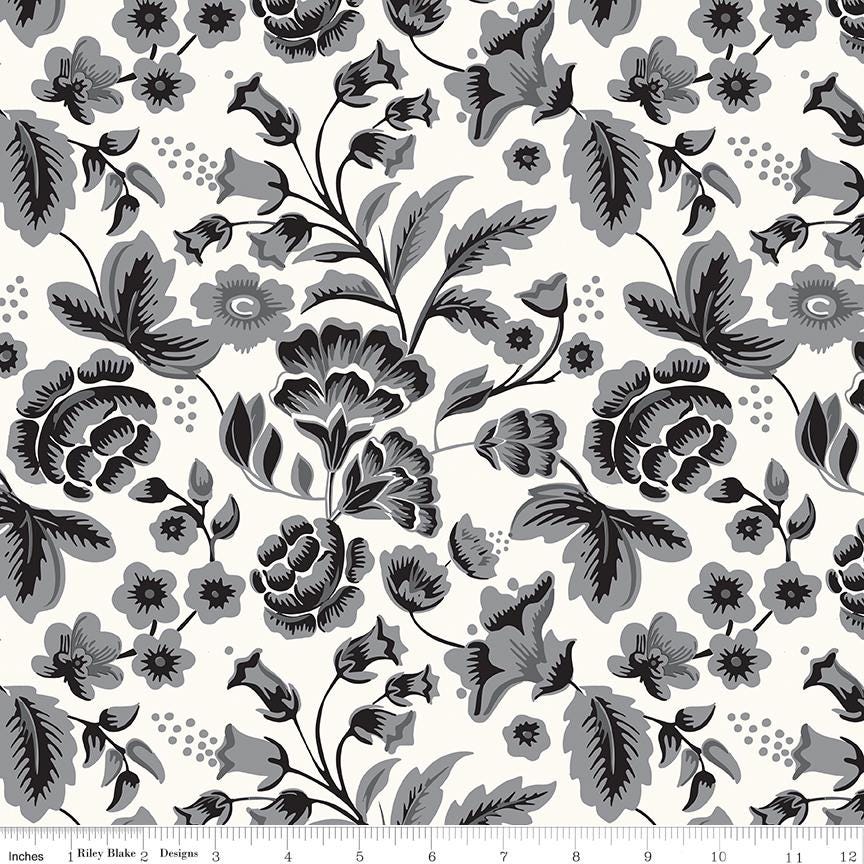108" Midnight Meadow - Black Gray Flowers on Cream Wide Quilt Back Fabric, Riley Blake WB15328-Cream, My Mind's Eye, By the Yard