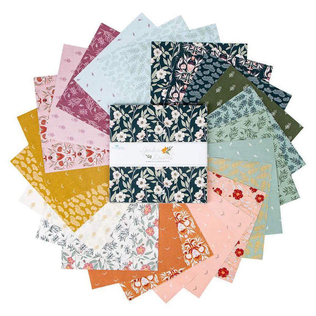 Garden Dreams 10" Stacker, Riley Blake 10-15090-42, 10" Precut Pink Yellow Blue Green Floral Fabric Squares, Amber Elliot