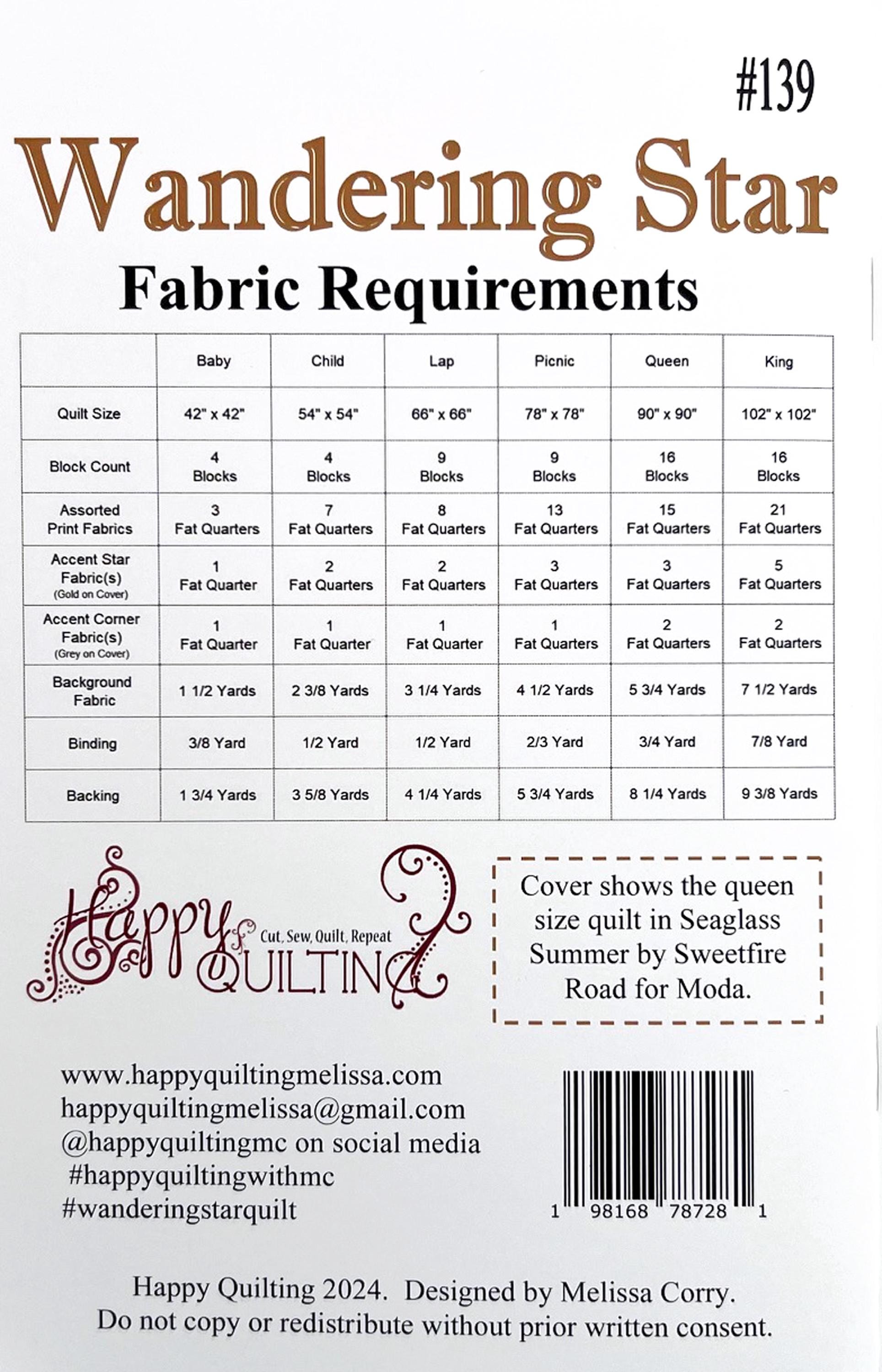 Wandering Star Quilt Pattern, Happy Quilting HQ139, Fat Quarter Friendly Star Baby Lap Picnic Throw Queen King Bed Quilt Pattern