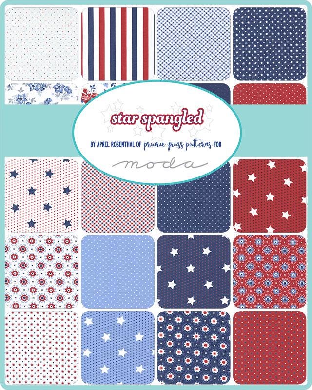 Star Spangled 5" Charm Pack, Moda 24170PP, 5" Precut Floral Red White Blue Patriotic Charm Pack Fabric Squares, April Rosenthal