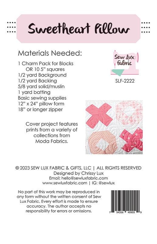 Sweetheart Pillow Quilt Pattern, Sew Lux Fabric SLF2222, Precut Friendly Hugs Kisses XO Valentine's Day Pillow Cover Pattern