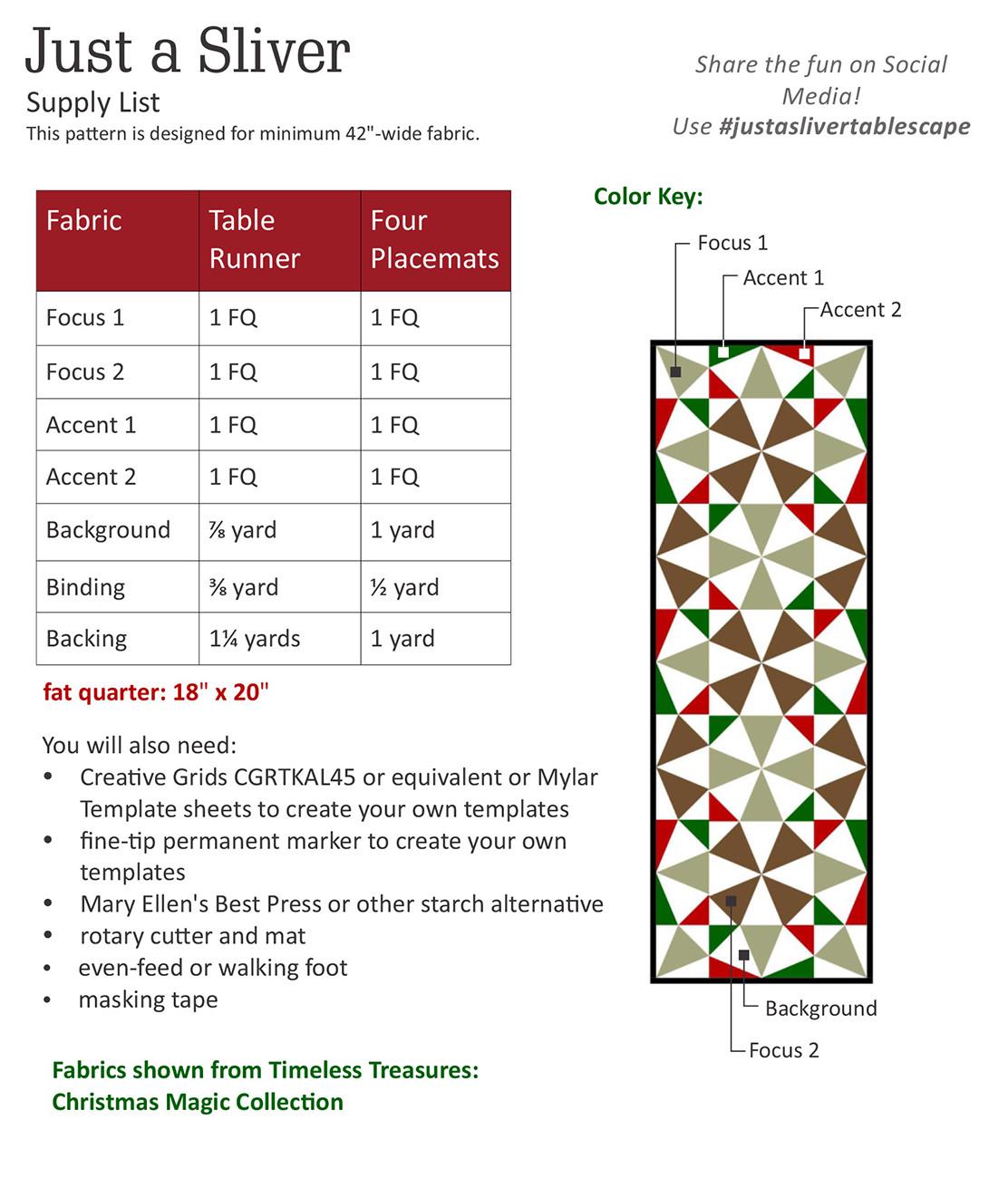 Just a Sliver Table Runner Place Mats Quilt Pattern, Poor House Quilt Designs PQD-264, Kaleidoscope Table Runner Topper Placemats Pattern