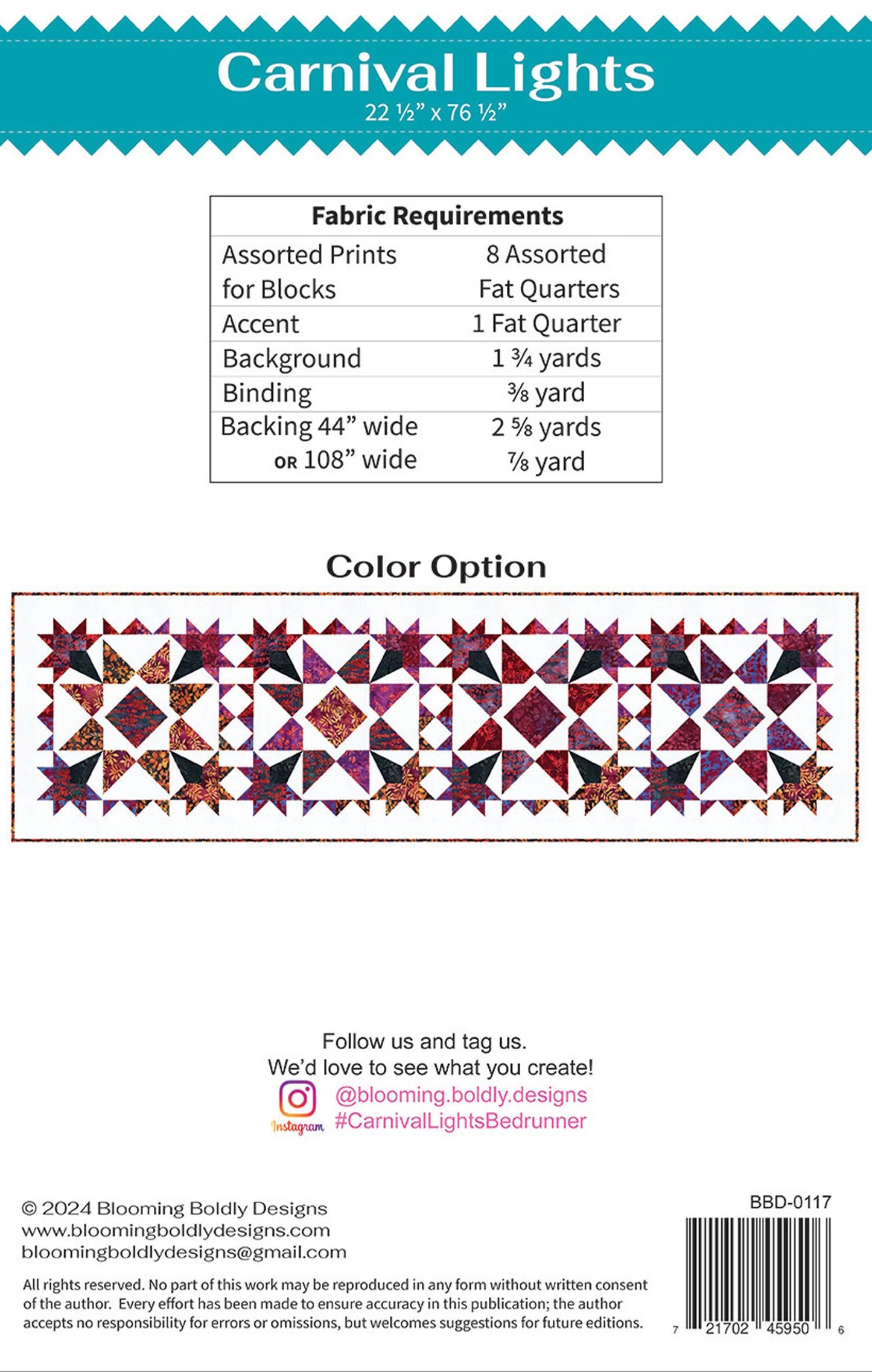 Carnival Lights Bed Runner Quilt Pattern, Blooming Boldly BBD0117, Fat Quarter FQ Friendly Star Quilt Pattern, Leslie Ryan