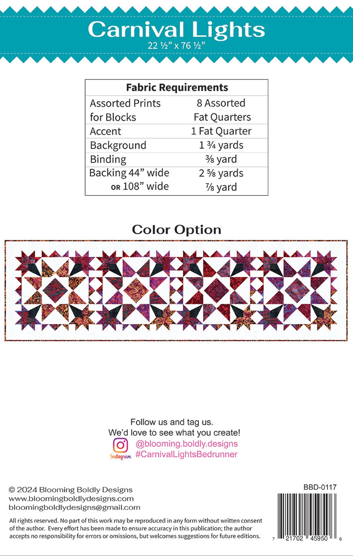 Carnival Lights Bed Runner Quilt Pattern, Blooming Boldly BBD0117, Fat Quarter FQ Friendly Star Quilt Pattern, Leslie Ryan