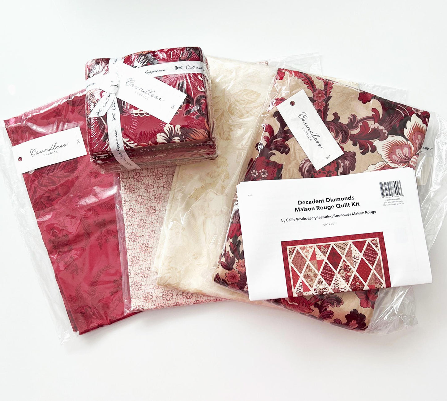 DESTASH Decadent Diamonds Maison Rouge Complete Quilt Kit, Craftsy Boundless Fabrics, Red Tan Floral Quilt Kit