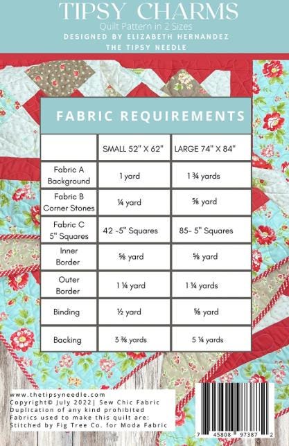 Tipsy Charm Quilt Pattern, The Tipsy Needle TTN115, 5" Charm Friendly Lap Throw Quilt Pattern, Beginner Quilt Pattern