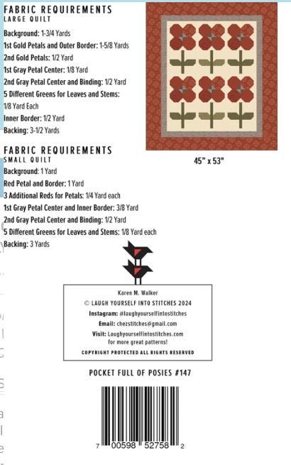 Pocket Full of Posies Quilt Pattern, Laugh Yourself Into Stitches LYS147, Spring Flowers Lap Throw Quilt Pattern